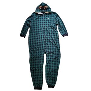 Unisex Adult XXL Buffalo Plaid Moose Microfleece Hooded Union Suit Men Women